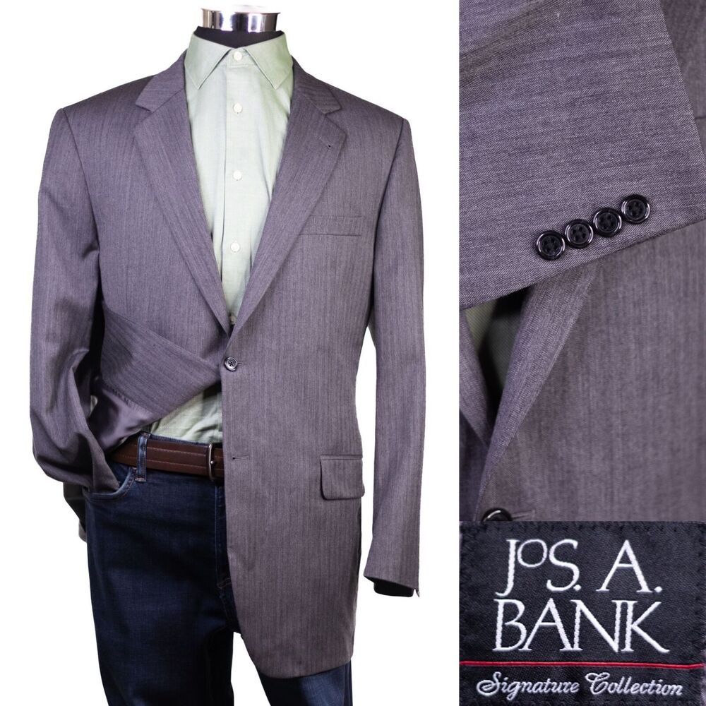 JOS A BANK mens Blazer DARK GRAY HERRINGBONE PLEAT FRONT 2 button WOOL 44L